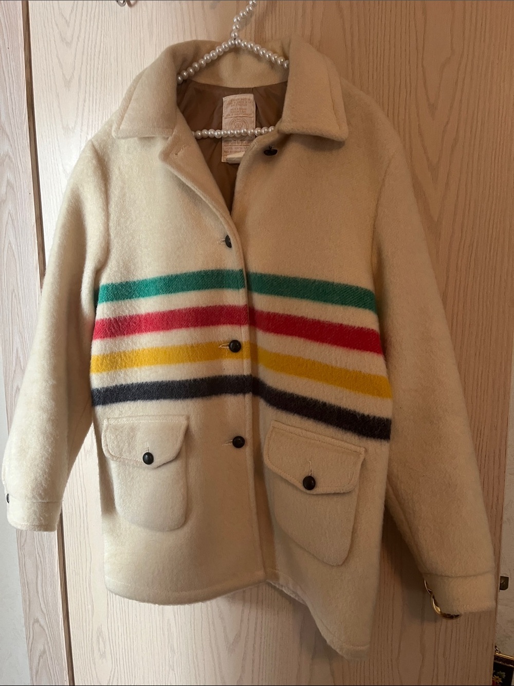 Cream Wool Blend Pea Coat with Multicolor Stripes